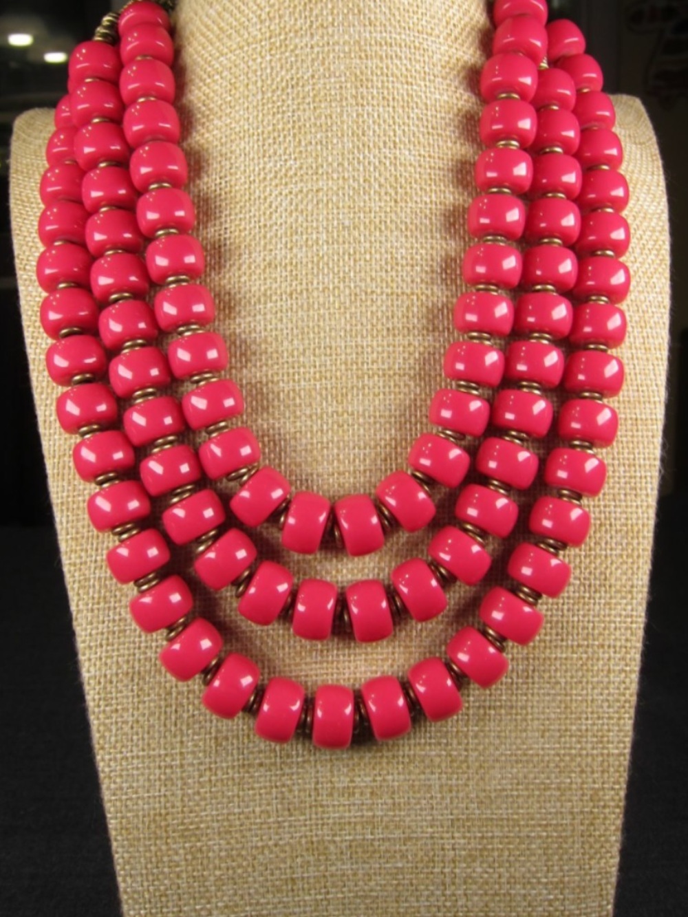 Premier Designs Bold Coral Pink Three-Strand Bead Necklace